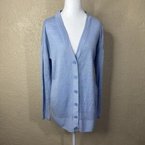 Eileen Fisher Cardigan Sweater 100% Linen Small Button Down Lt. Blue Coastal